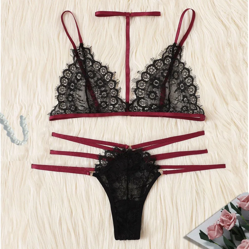 

Women Sexy Lingerie Black Lace Floral Bandage Briefs Tanga Adjustable Strap Halter Choker Bra Transparent Bikini Set