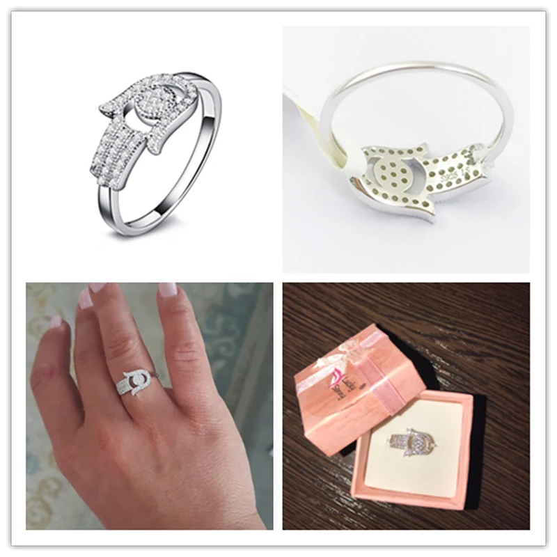 OMYFUN Real 925 Sterling Silver Hamsa Ring Hand of Fatima Anel De Prata Rings with CZ Micro Paved Fashion Jewelry