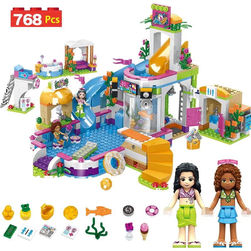 

Designer Bricks LegoING Friends Heart Lake Summer City Pool Party Girl's House Building Blocks Educational Toys for Children