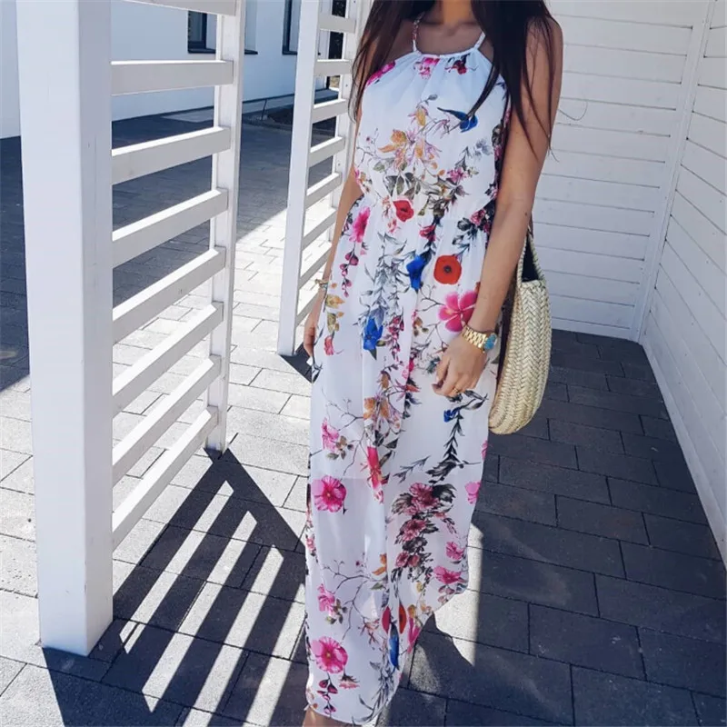 

Fashion Women Boho Floral Printed Beach Dresses 2018 New Lady Evening Party Maxi Dress Hot Sale Sleeveless Long Dresses Vestidos