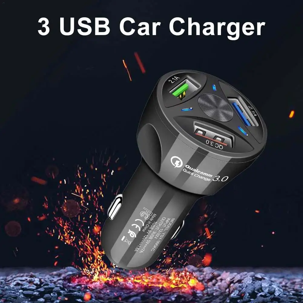 Цилиндрическое автомобильное зарядное устройство 3 USB QC 3,0 Автомобильное быстрое зарядное устройство USB мощный выход