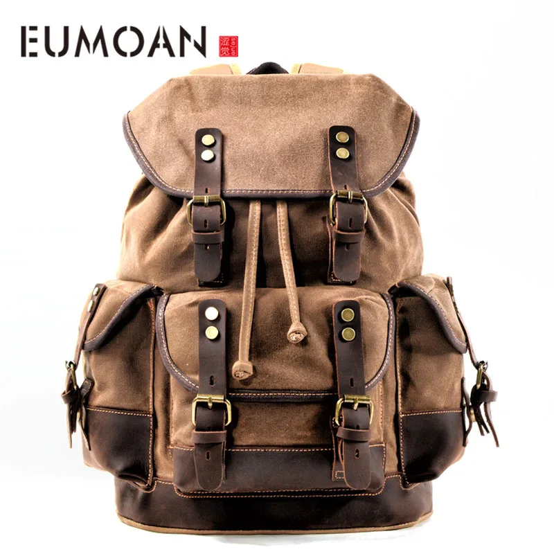 

EUMOAN Shoulder bag, multifunctional retro military wind retro canvas bag, stitching cowhide large capacity men's backpack