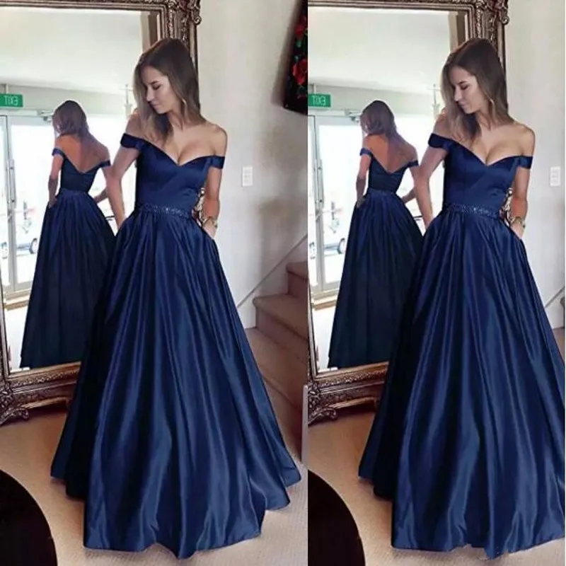 

Navy Blue Evening Dresses Party Long Beaded Sashes Sexy Backless Formal Evening Prom Gowns Dress Wear On Sale vestido de festa