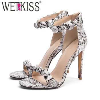 

WETKISS 2018 Fashion Snakeskin Sandals Women High Heels Sandals Ladies Genuine Leather Shoes Open Toe Footwear Rivet Buckle Zip
