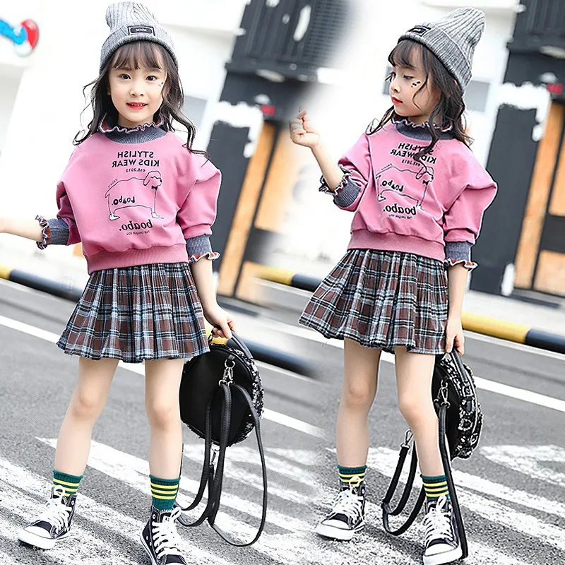 2019 Baby Girl Fashion Clothing Set Printed Sweater Shirts+Pleated Skirts,Girls Kids Casual