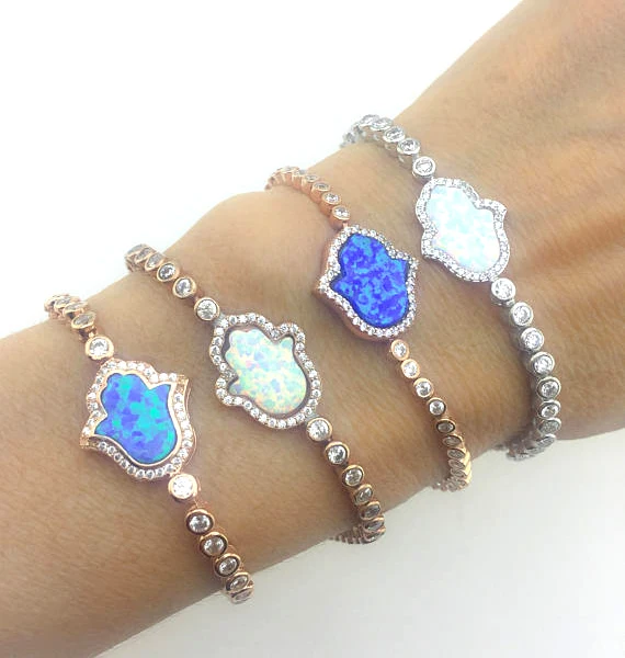 

925 sterling silver top quality bridal gift turkish hamsa hand charm opal hand delicate silver tennis hand bracelet for women