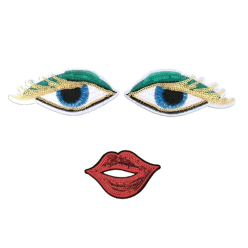 

2sets Sequin Patch DIY Eye with lips Iron On Patches For Kids Clothes Sew-On Embroidered Patch Scrapbook Motif Beaded Applique