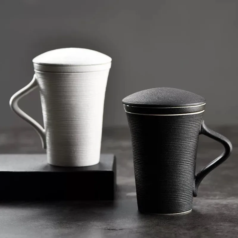 

Creative Mug With Lid Large Capacity Three-pieces Set Custom Ceramic Filter Cup With Liner Simple Coffee Mug Travel Office Cup