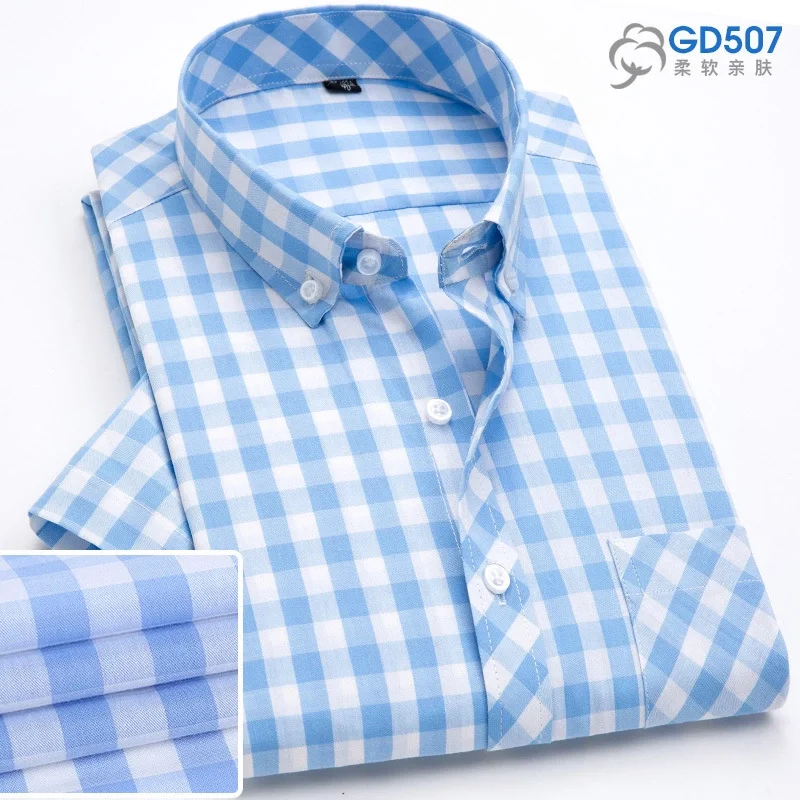 Новая летняя мягкая Клетчатая Мужская рубашка с коротким рукавом из хлопка плюс размер приталенная повседневная мужская рубашка - Цвет: GD507