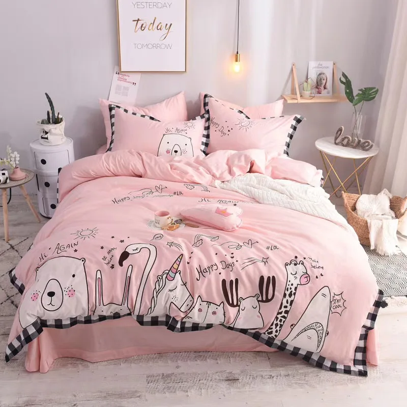 Pink Cartoon Zoo Unicorn 60s Egyptian Cotton King Queen Full Size
