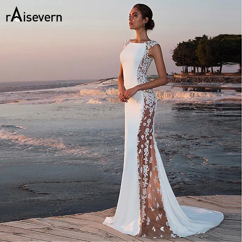 

Raisevern White Mopping Openwork Dress Sleeveless Hollow Out Side Mesh Round Neck Women Wedding/party Maxi Slim Dress