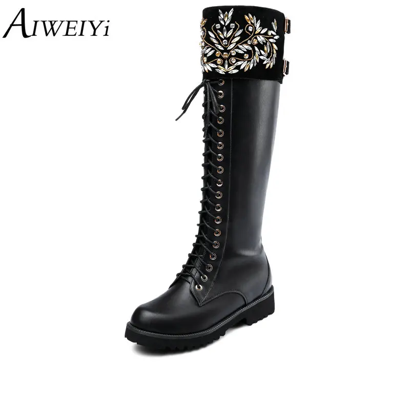

AIWEIYi Lace Up Knee High Boots Women Autumn Winter Rhinestone Square Heel Woman Shoes Genuine Leather Boots