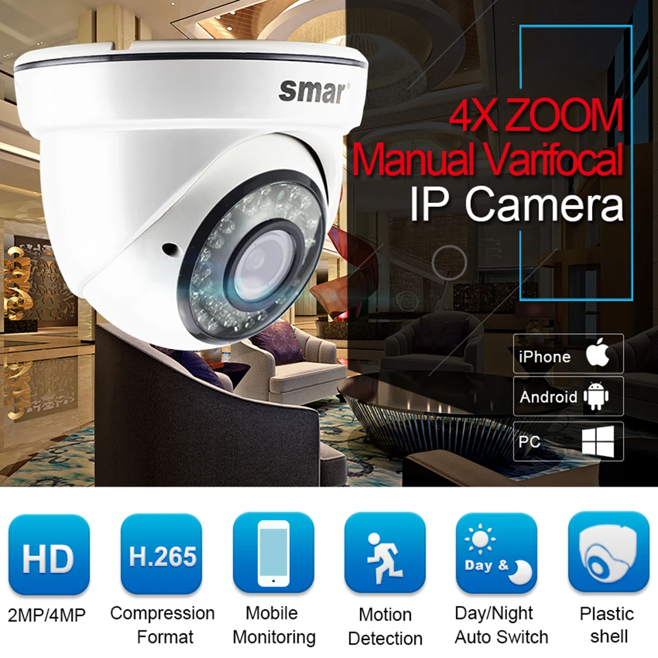 Sm2mp 4MP ручная варифокальная ip-камера безопасности домашняя камера зум 2,8-12 мм объектив Внутренняя купольная камера 36 IR Led Обнаружение движения
