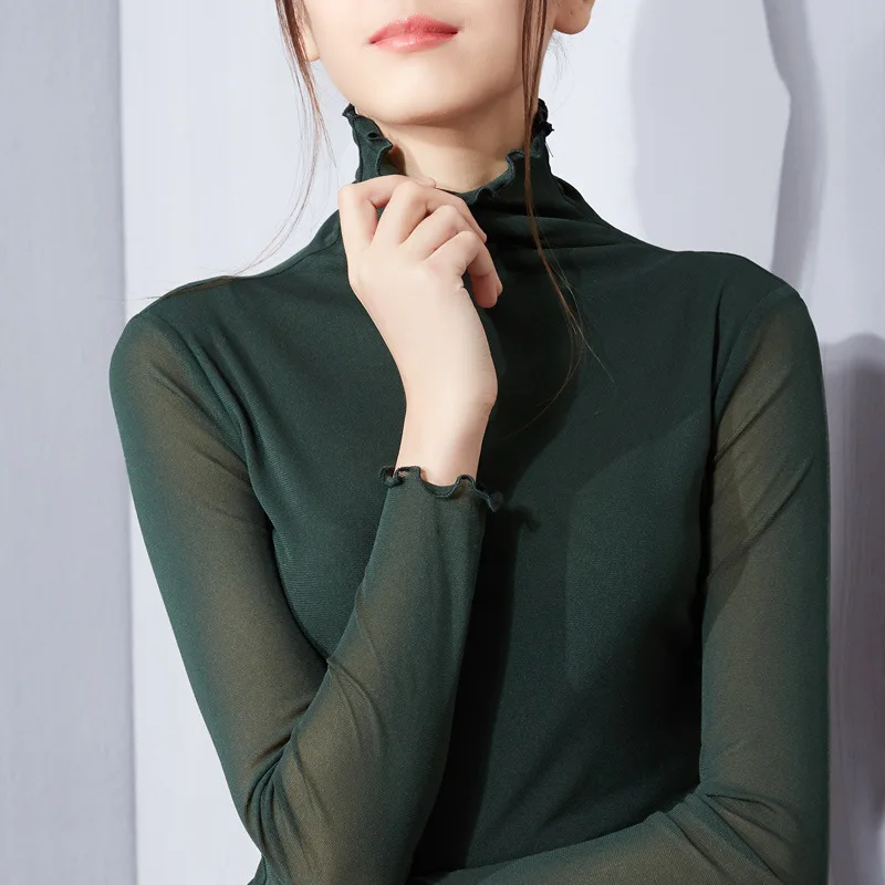 

Womens Spring autumn Tshirt Gauze material long sleeve Turleneck Solid color tshirt women all match tee t women bts