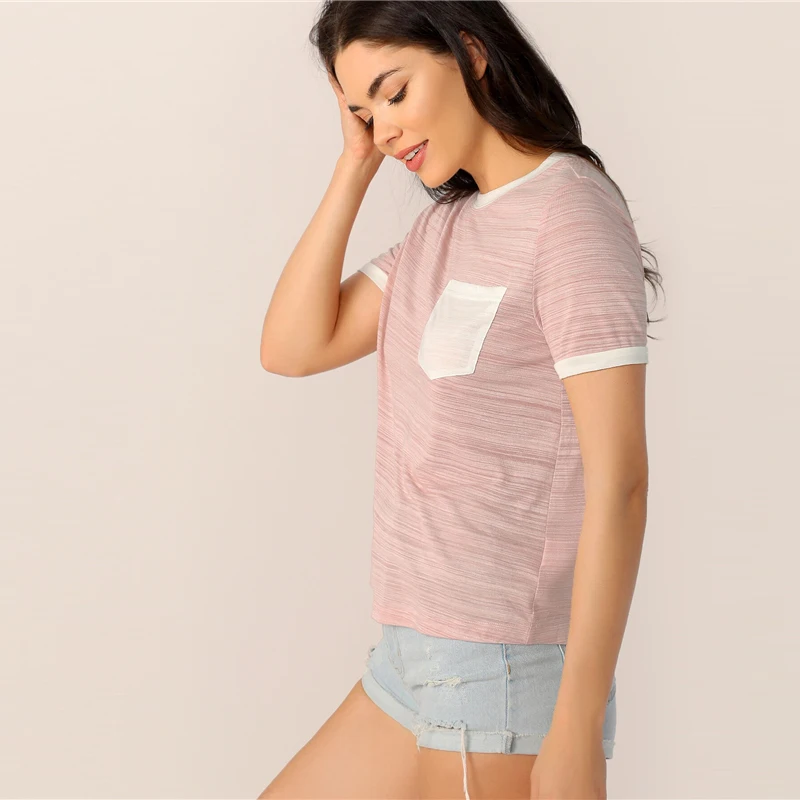SweatyRocks/женская футболка с розовым карманом и заплатками, 2019 летние уличные футболки, повседневные женские топы с круглым вырезом
