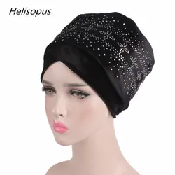 Новые Роскошные Diamante шипованных бархат длинный хвост платок Кепки Для женщин аксессуары для волос мусульманские банданы хиджаб Для женщин
