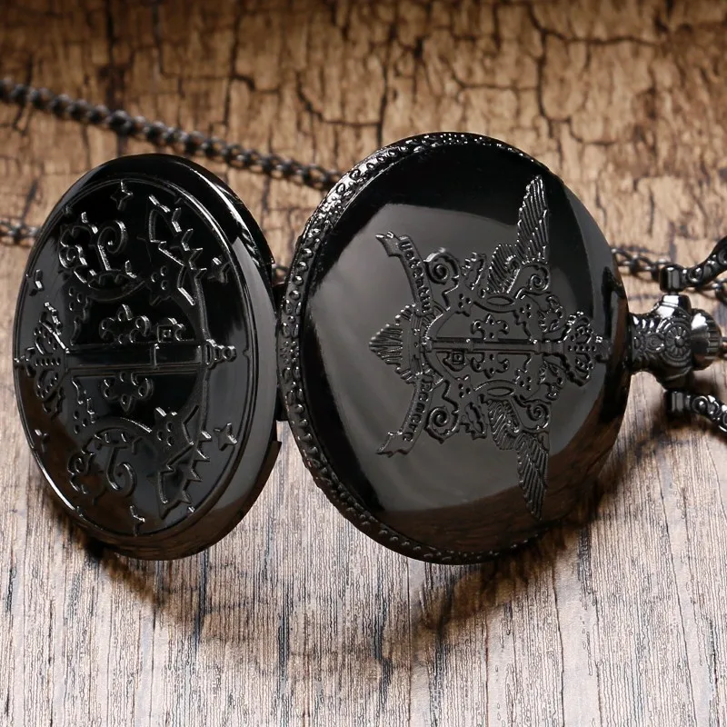 Старинные карманные часы в стиле стимпанк из черной стали ретро кварцевые карманные часы Kuroshitsuji мужские часы Fob часы с белым циферблатом подарок для мальчика