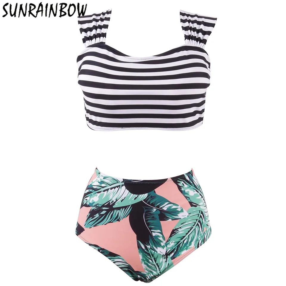 

SUNRAINBOW 2019 Push Up Crop Bikinis Women Swimwear High Waist Swimsuit Plus Size Swimwear Top High Neck Bikini Set Bathing Suit