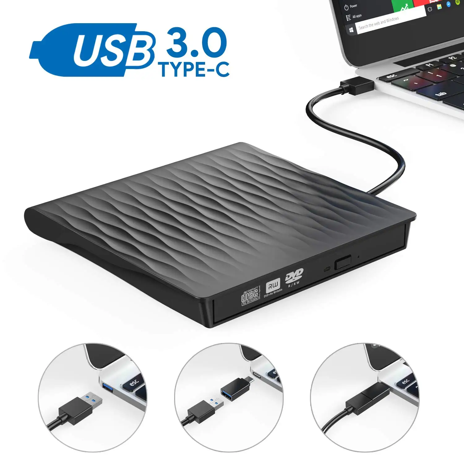 KuWFi внешний CD DVD диска USB 3,0 Тип C Порты и разъёмы тонкий Портативный внешний CD DVD горелки высокого Скорость данных Передача USB оптических дисков