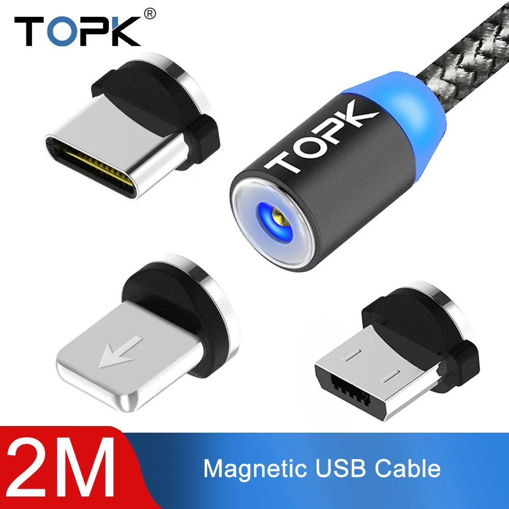 TOPK AM17 2 м светодиодный магнитный USB кабель для iPhone Xs Max Micro usb type C кабель samsung Плетеный телефонный кабель Магнитный зарядный провод