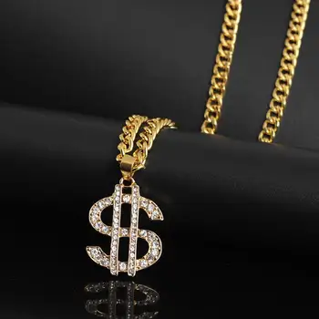 

US Dollar Money Style Pendant Long Chain Necklace Hip Hop Jewelry Shiny Rhinestone Inlaid Long Unisex Sweater Necklace Fashion