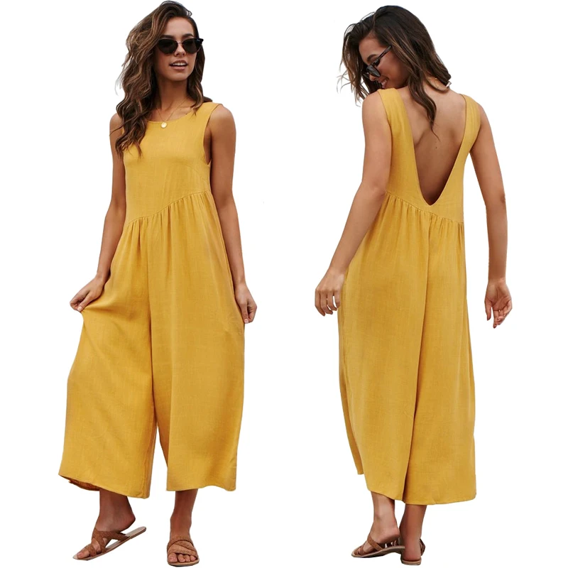 

Loose Back V Neck Women Jumpsuit Solid Wide Leg Long Pants Backless Jumpsuits 2019 New Summer Casual Playsuit Monos Largos Mujer