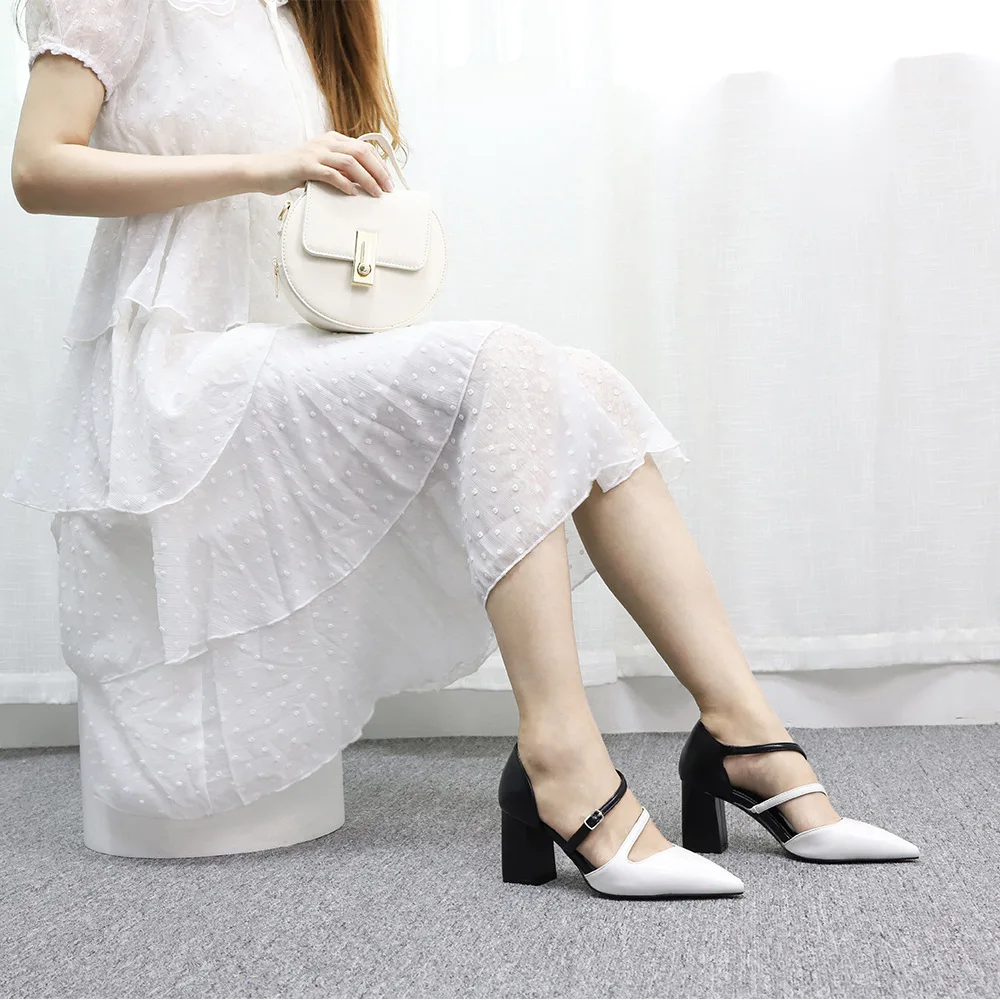 

Pumps Woman Shoes Mixed Color Square Heels Sandals Fashion Pointed Toe Buckle Slides High Quality Zapatos Mujer Black Red Gray