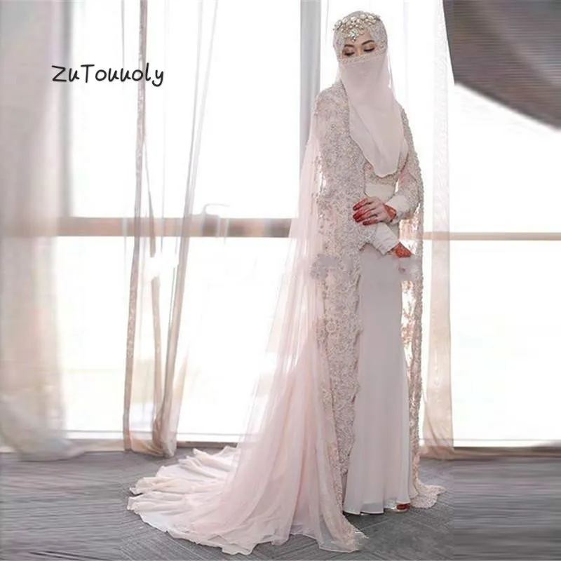 Пыльно-розовое мусульманское свадебное платье ислам наряд Русалочка турецкий с длинным рукавом садовый, церковный свадебное платье для женщин vestidos de boda