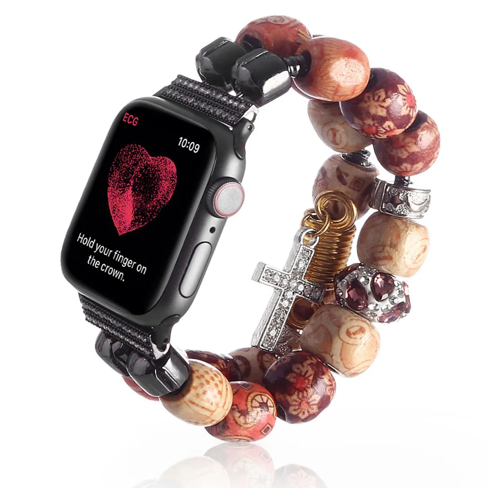 Браслет с деревянными бусинами для Apple Watch SE Band Series 6 5 4 3 женский модный ремешок iWatch