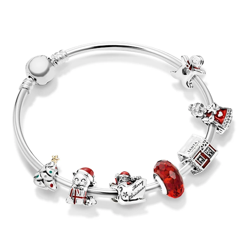

NEW 100% 925 Sterling Silver New 1:1 Festive Winter Christmas Bracelet Set Charming Fashion Elegant Charm Jewelry Gift