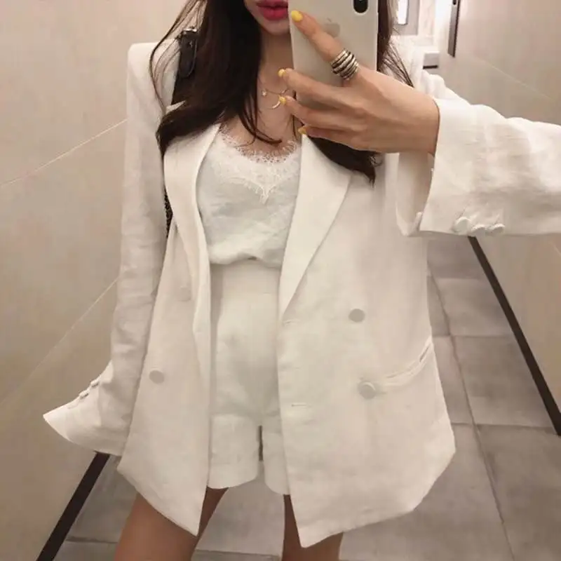 

Set female 2019 summer new style cotton and linen suit suit female temperament thin linen student high waist shorts two-piece