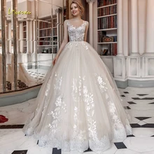 Loverxu, иллюзия, совок, бальное платье, свадебные платья,, Аппликации, рукав на бретелях, на шнуровке, платье невесты с коротким шлейфом, платье невесты размера плюс