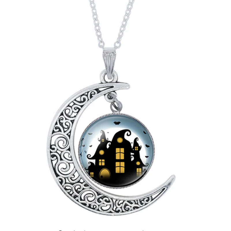 YAUTION Halloween Black Cat Ghost Picture Glass Cabochon Pendant