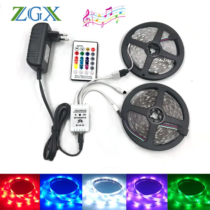 

ZGX Music sync RGB LED Strip light lamp 5050 5M 10M neon decor Waterproof Flexible Tape diode ribbon Controller 12V adapter set