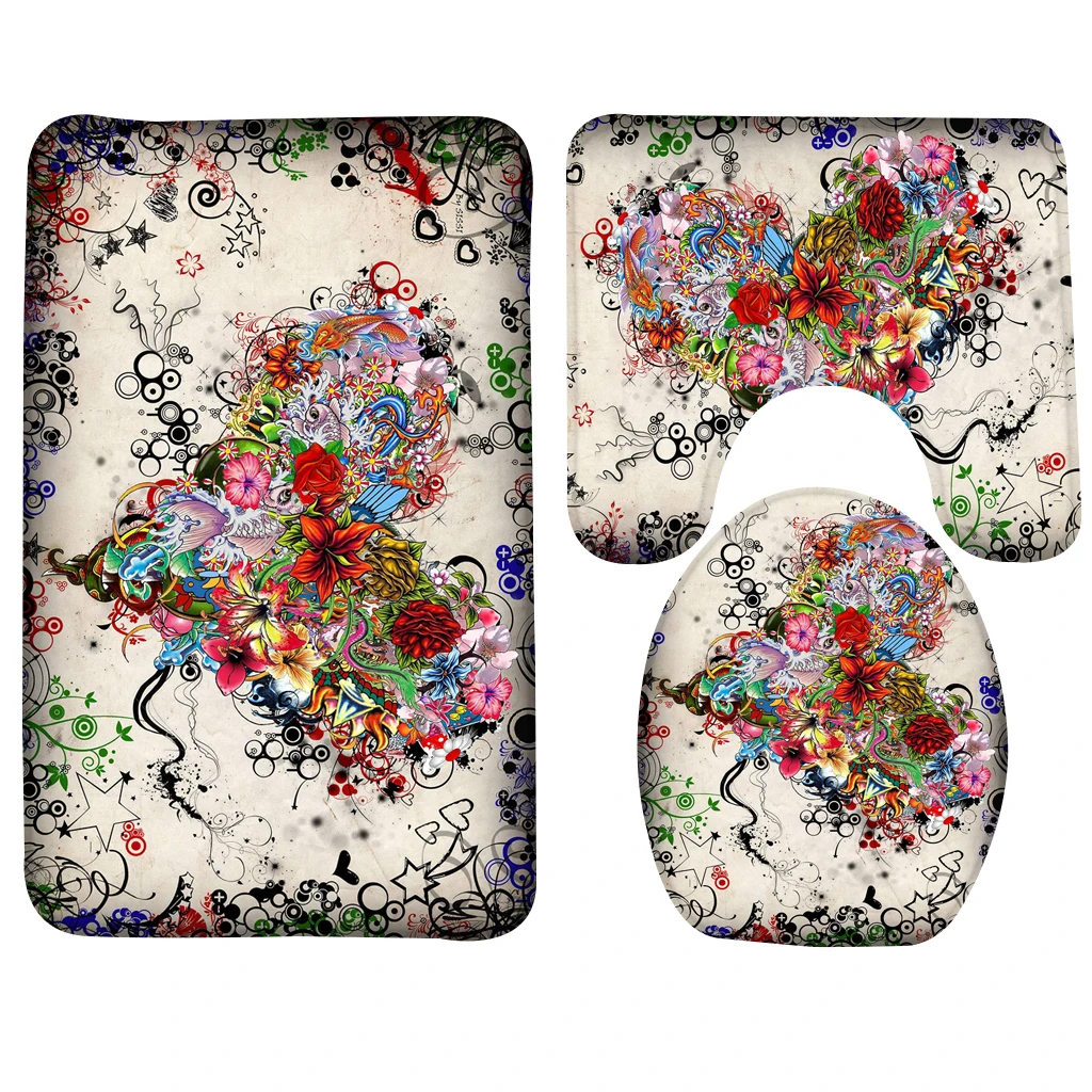 

3pcs Bathroom Mat Set Happy Valentines Day Flower Heart Pattern Bath Mat Non Slip Shower Mat and Toilet Mat Sets