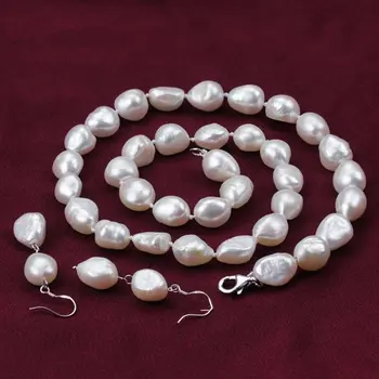 

Unique Pearls jewellery Store White Color 8-9mm Baroque Freshwater Pearl Necklace Earrings Charming Lady's Gift Jewellery Set