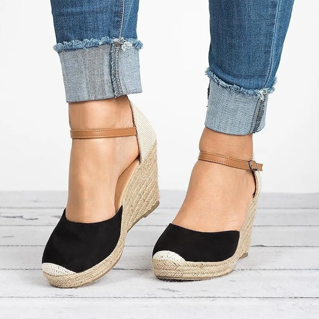

2019 Summer Women Sandals Fashion Flock Wedges High Heel Ladies Sandals Ankle Buckle Round Toe Casual Sandals Women Shoes
