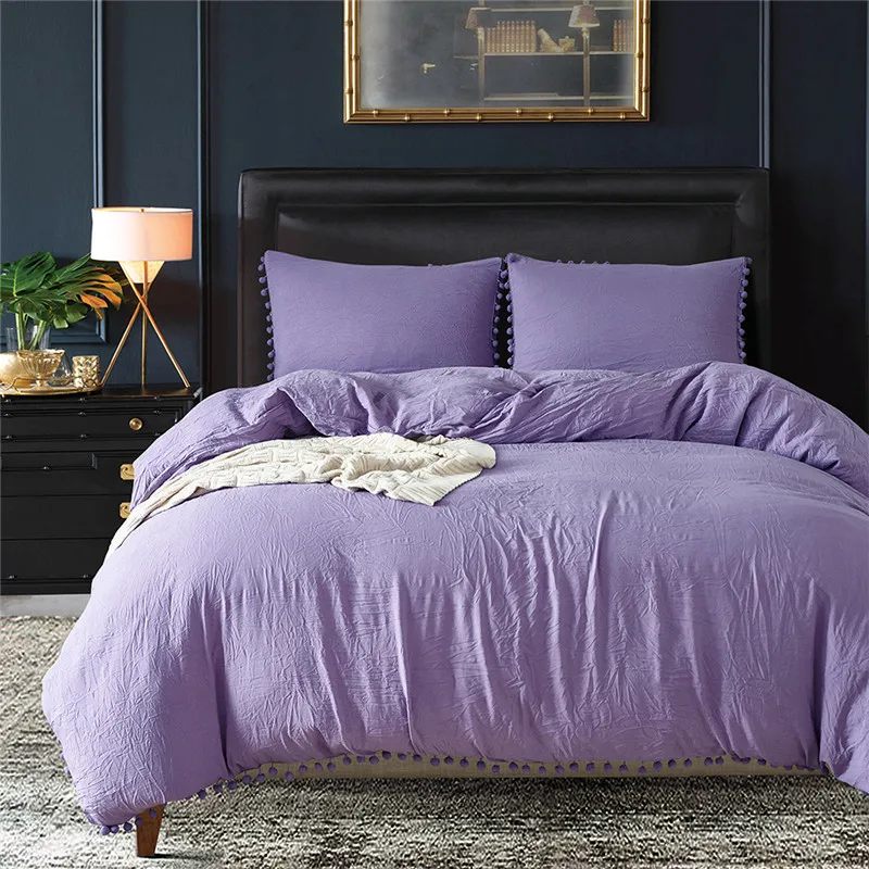 Soft Washed Solid Color Bedding Set Duvet Cover Set with Little Round Fringe and Pillow Shams ...