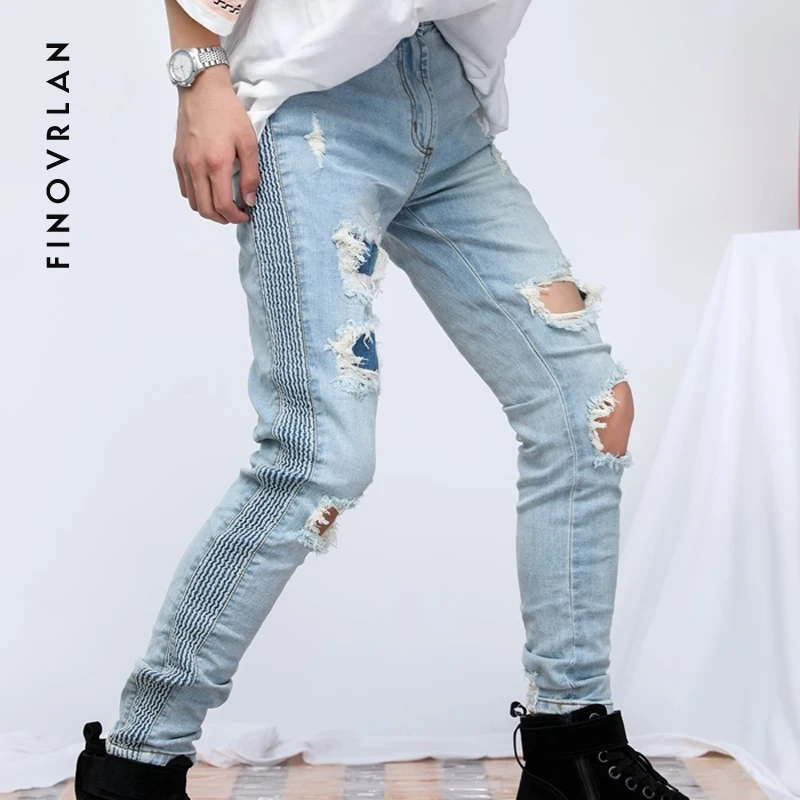 

2018 kanye west Skinny Hole Jeans Men Streetwear Stretch Jeans hip hop Blue Skinny pleated Jeans Ripped Slim Fit trousers