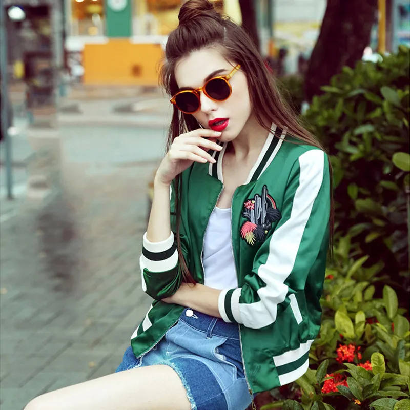 Aliexpress.com : Buy Spring Autumn Cactus Fashion Embroidered Bomber Jacket Women Green Causal 