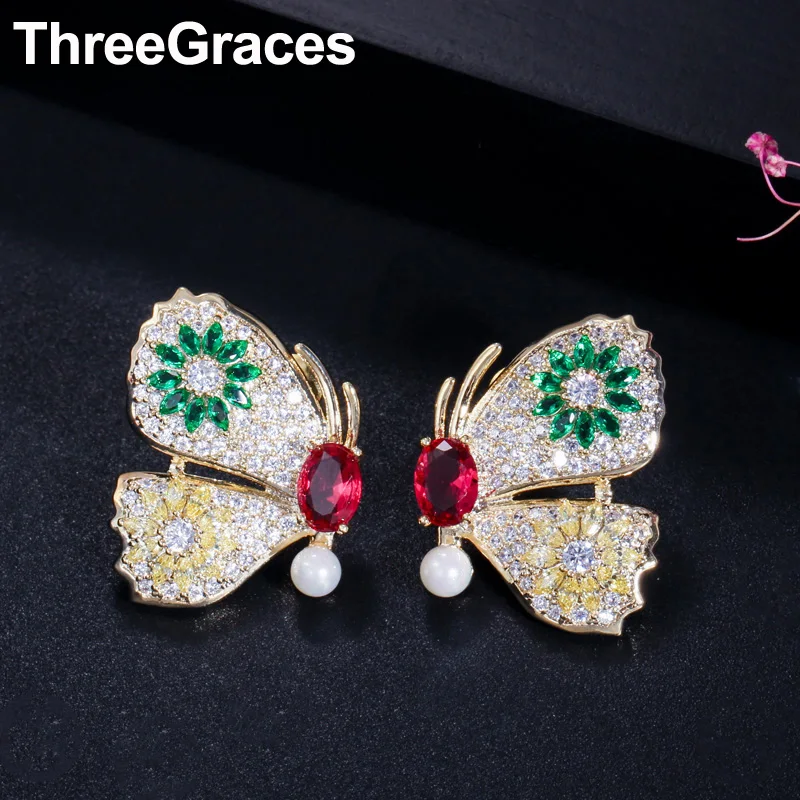 

ThreeGraces Vintage Yellow CZ Stone Setting 925 Sterling Silver Big Butterfly Pearl Stud Earring for Wedding Party Women ER312