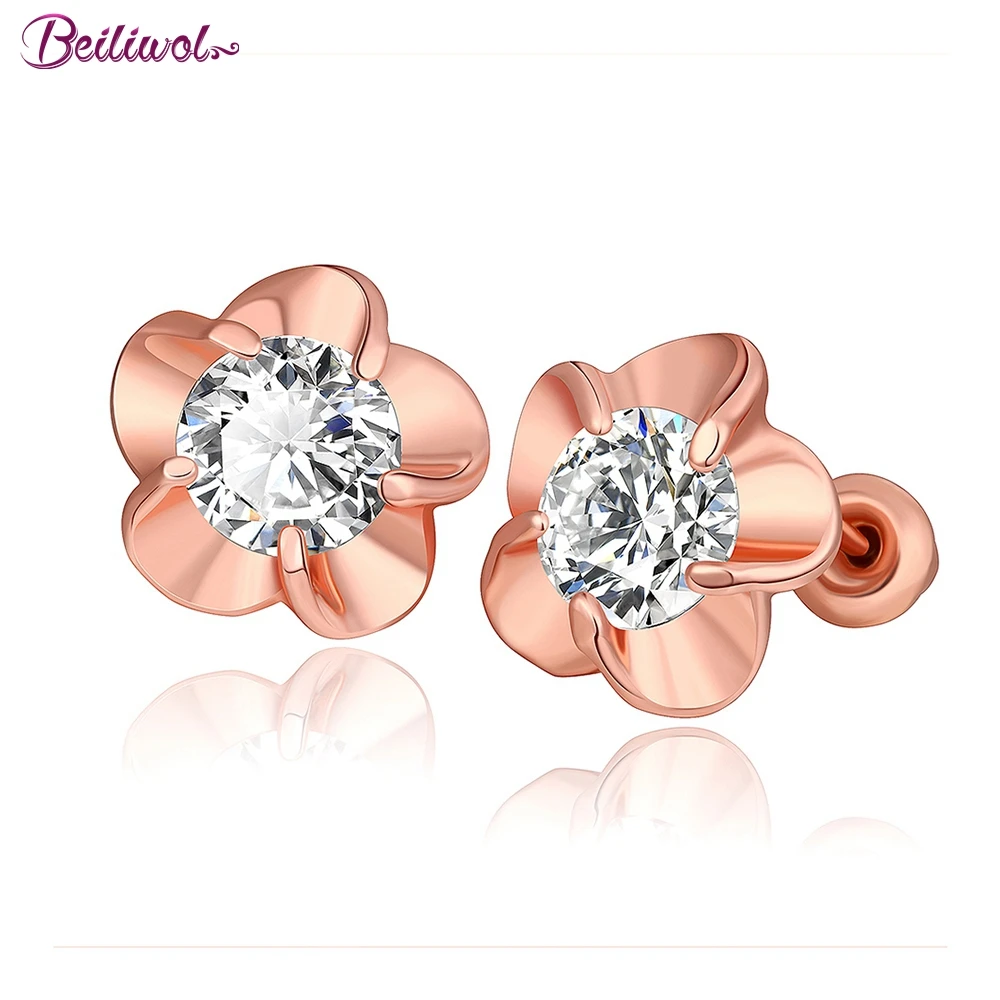 

Stud Earrings for Women Jewelry Simple Flower Fashion White AAA Zircon Crystal Rose Gold Color for Ladies Gift Wholesale Price