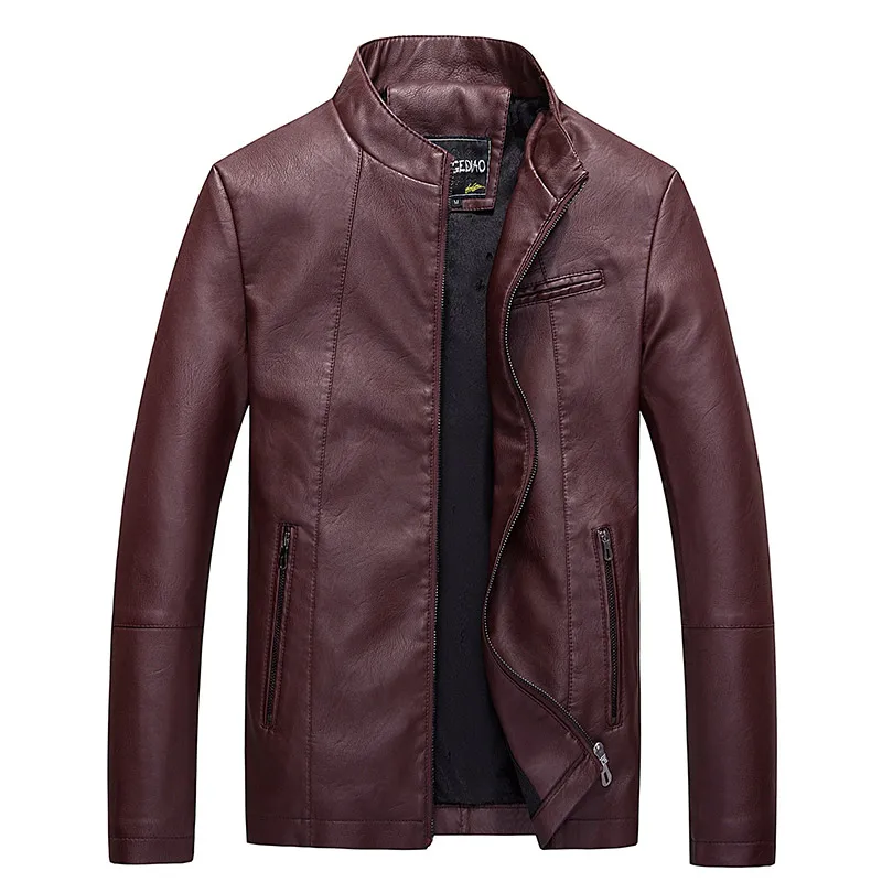 Men's PU Jackets Coats Autumn Winter Motorcycle Biker Faux Leather Jacket Men Clothes Thick Velvet Coats Size M-3XL - Цвет: Jujube red