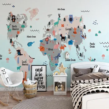 

3D Mural Hand Painting Carton World Animal Map for Kids Bedroom Wall Art Decor Wallpaper Murals Large Photo Wall Paper Custom