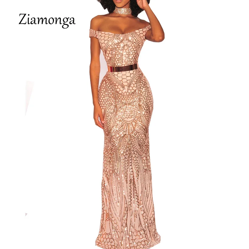 Ziamonga Черное макси Золотое Платье с открытыми плечами длина до пола облегающее платье с блестками женское платье без бретелек официальное вечернее платье сексуальное платье - Цвет: Gold