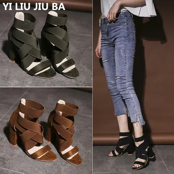 

Women shoes Sandals stretchy Bandage Ankle Strap Pumps Super High Heels square Heels Lady Shoes woman Plus size34-43 mujer *063
