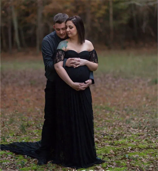 Новое Кружевное платье для беременных нарядные платья для свадьбы для беременных Для женщин длинное платье для беременных Русалка Подставки для фотографий платья - Цвет: Black