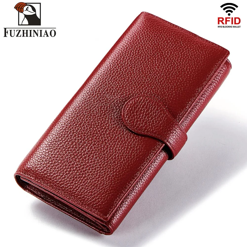 

FUZHINIAO Genuine Leather Men Wallet Female and Coin Purse Walet Portomonee Rfid Clamp for Money Male Card Holder Long Hasp Red