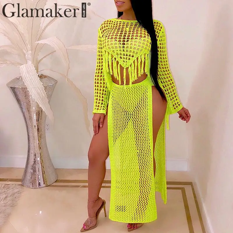 

Glamaker Hollow out sexy knitted dress Women long sleeve high split elegant maxi dress Party club tassel two piece suit dress