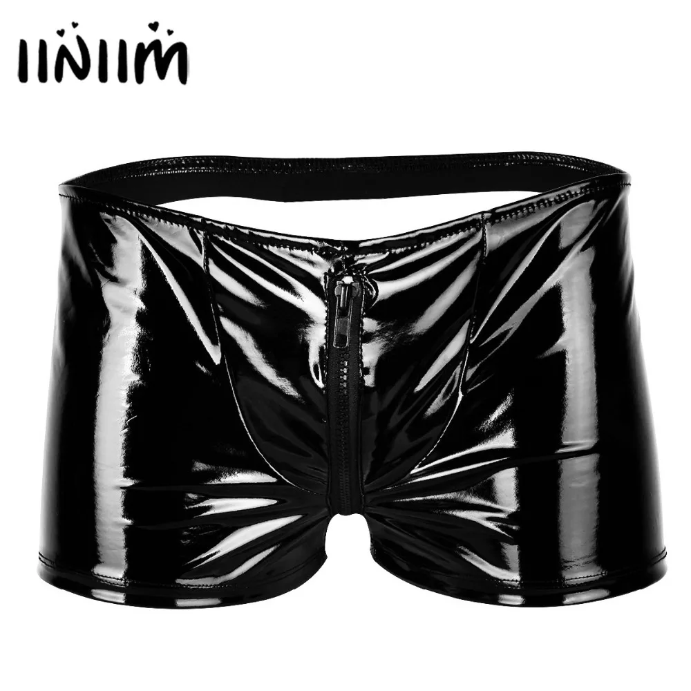 

Mens Lingerie Shiny Metallic Zipper Bulge Pouch Open Butt Boxer Shorts Underwear Sexy Gay Panties for Costume Party Clubwear